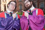 thumbnail: Twins Edward and Omar Zatriqi from Bangor celebrate graduating together for the third time at Queens University. The brothers each graduated today with a PhD in Composition, having previously graduated with undergraduate and Masters degrees from Queens School of Creative Arts.