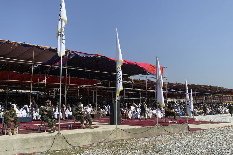 Taliban leaders and fighters at a ceremony to celebrate the third anniversary of the withdrawal of US-led troops from Afghanistan (Siddiqullah Alizai/AP)