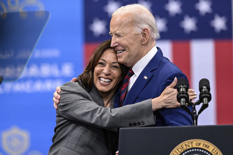 Kamala Harris embraces President Joe Biden after a speech on healthcare (Matt Kelley/AP)