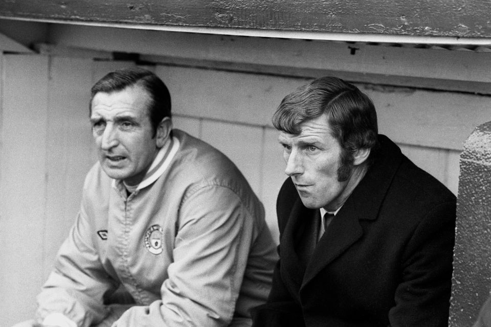 Tony Book, right, during his time as caretaker manager of Manchester City, alongside coach Ken Barnes (PA).