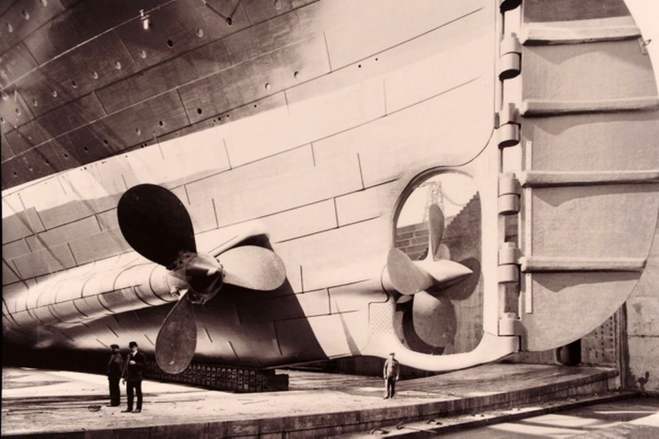 A photo of the Titanic's giant propellers and rudder. Photograph © National Museums Northern Ireland. Collection Harland & Wolff, Ulster Folk & Transport Museum
