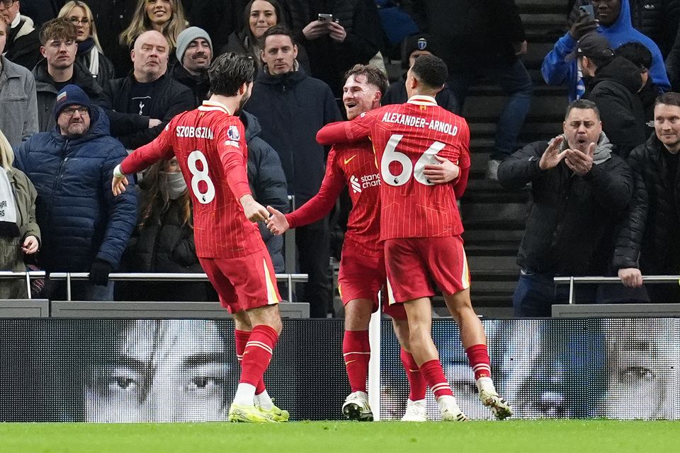 Alexis Mac Allister (centre) netted Liverpool’s second goal after 36 minutes (Adam Davy/PA)