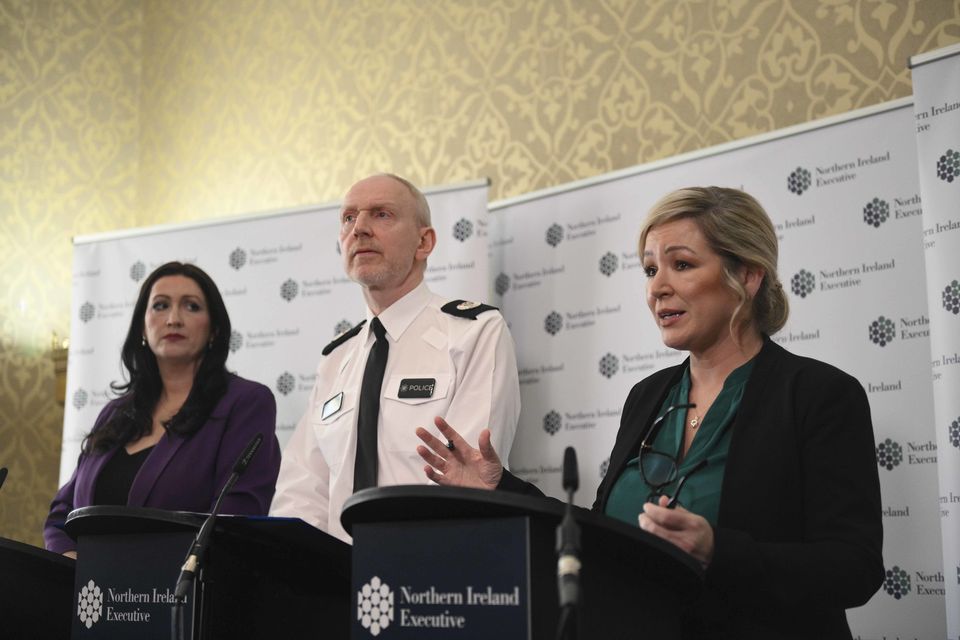 Deputy First Minister for Northern Ireland Emma Little-Pengelly with PSNI ACC Davy Beck and First Minister Michelle O’Neill speaking to the media at Stormont (Mark Marlow/PA)