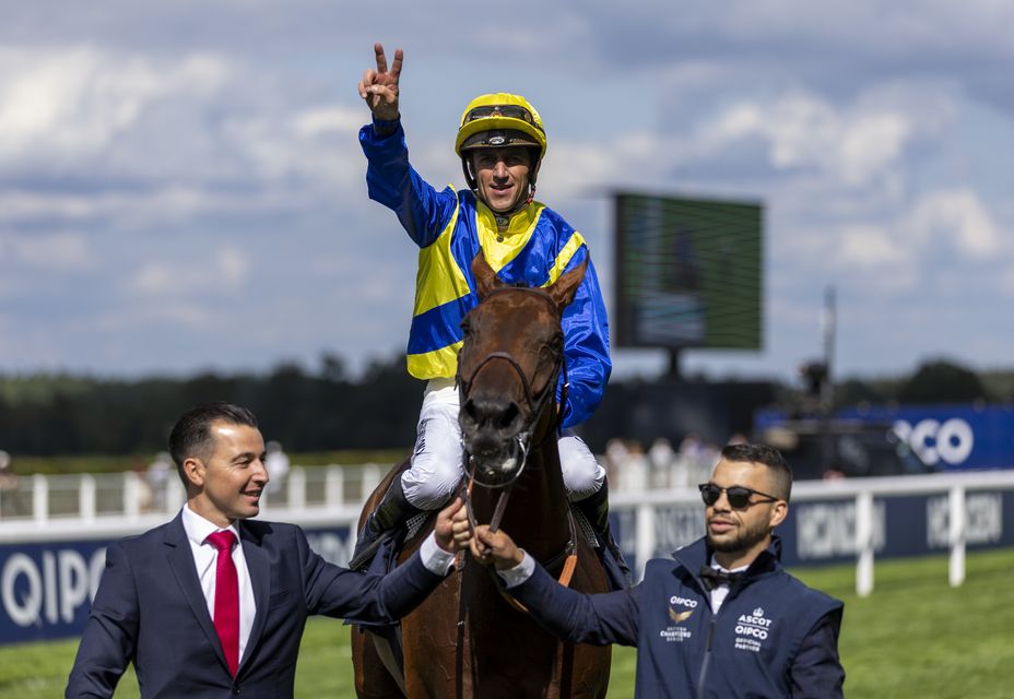 Goliath ridden by jockey Christophe Soumillon celebrates after winning the King George VI And Queen Elizabeth Qipco Stakes during the Qipco King George Day at Ascot Racecourse, Berkshire (Steven Paston/PA)