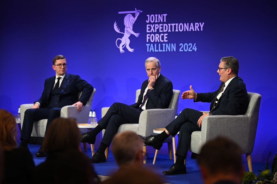 Prime Minister of Estonia Kristen Michal, Norwegian Prime Minister Jonas Gahr Store, and Sir Keir Starmer take part in the JEF Leaders’ Summit in Tallinn, Estonia (Leon Neal/PA)