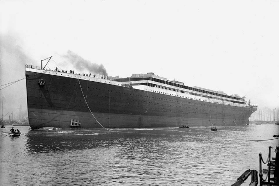 Titanic. Port bow 3/4 profile afloat immediately after launch. Photograph © National Museums Northern Ireland. Collection Harland & Wolff, Ulster Folk & Transport Museum