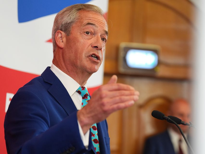 Leader of Reform UK Nigel Farage at an announcement of the party’s economic policy during a press conference at Church House in London, while on the General Election campaign trail (James Manning/PA)