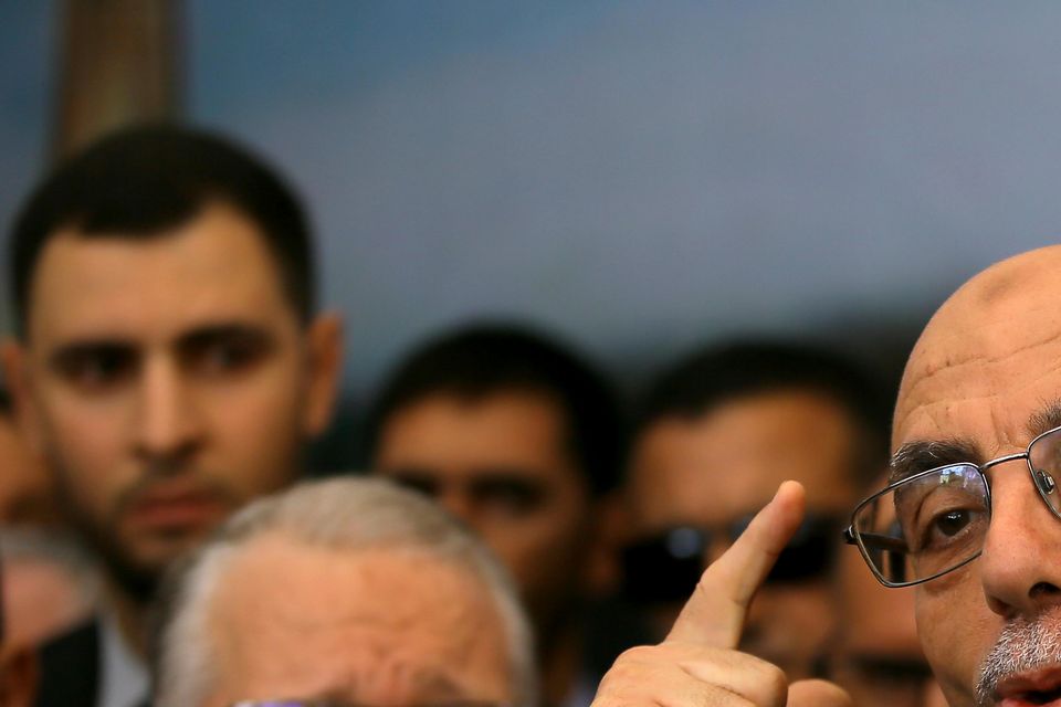 Abdelali Hassani Cherif, presidential candidate for the Movement of Society for Peace, addresses reporters in Algiers (Anis Belghoul/AP)