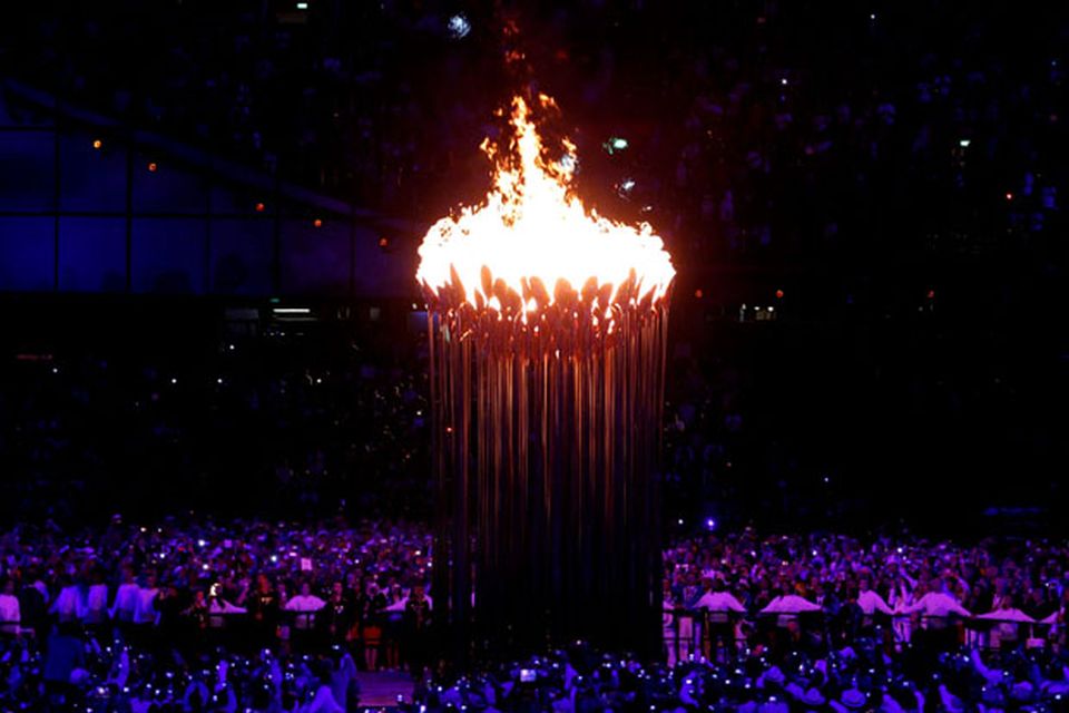 The Olympic Flame burns after it was lit at the end of the London Olympic Games 2012 Opening Ceremony at the Olympic Stadium, London. PRESS ASSOCIATION Photo. Picture date: Saturday July 28, 2012. See PA story OLYMPICS Ceremony. Photo credit should read: Dave Thompson/PA Wire. EDITORIAL USE ONLY