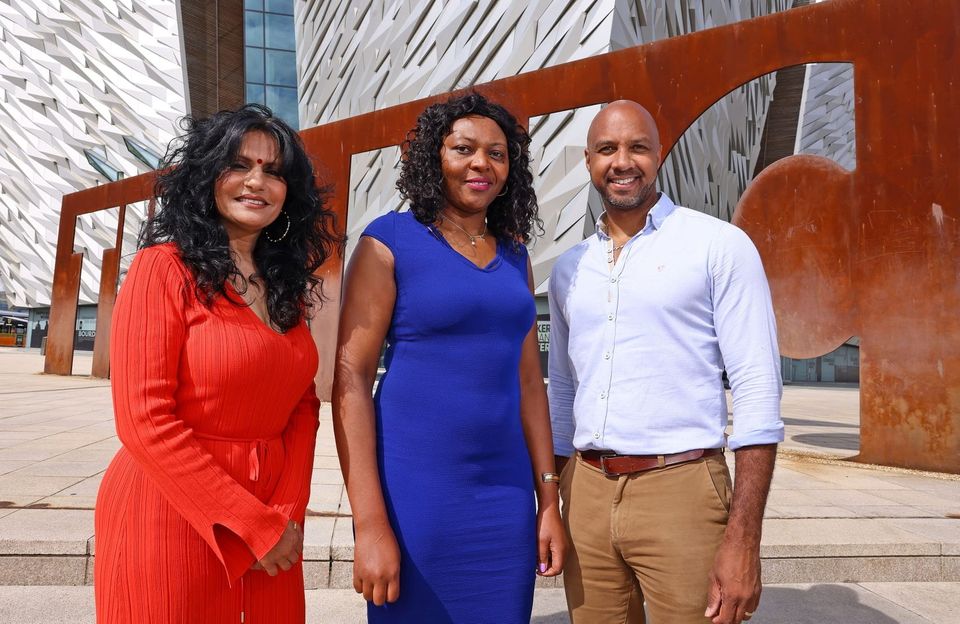 Lata Sharma at the launch of the Minorities Recognition Awards at Titanic Belfast with founder Diane Davis and co-host Ibe Sesay