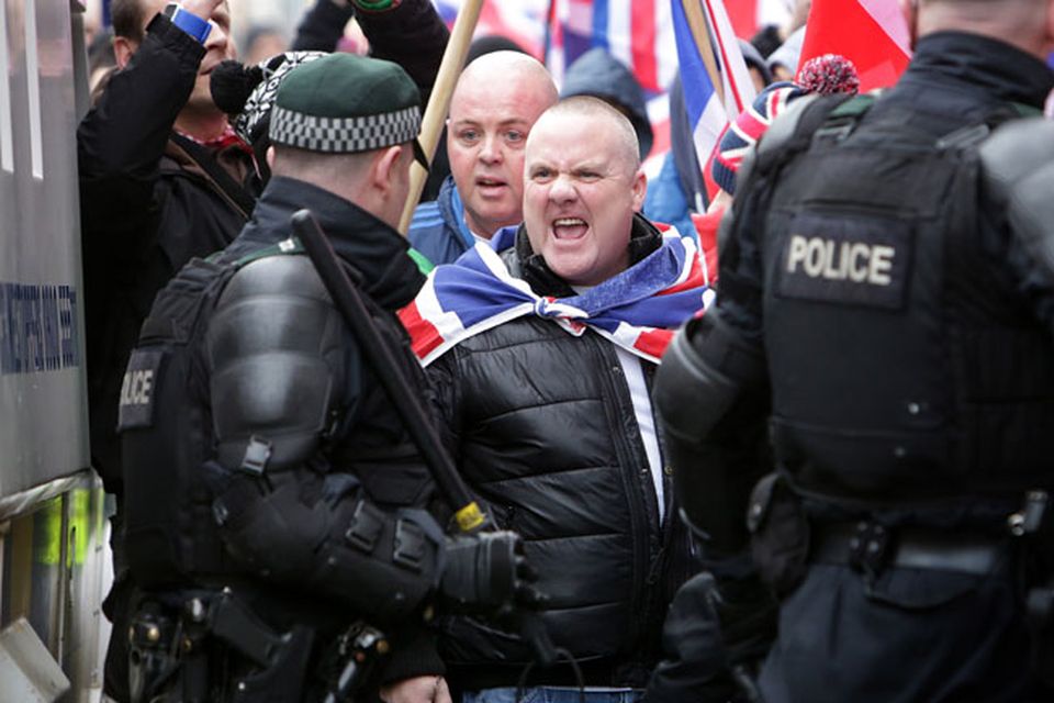 Loyalist Protestors converge on Belfast city hall. Picture date: Saturday January 5, 2013. Ongoing protests and demonstrations continue at the removal of the Union flag from the city hall. The protest was largley peacfull with only minor skermishes.Picture Mark McCormick.