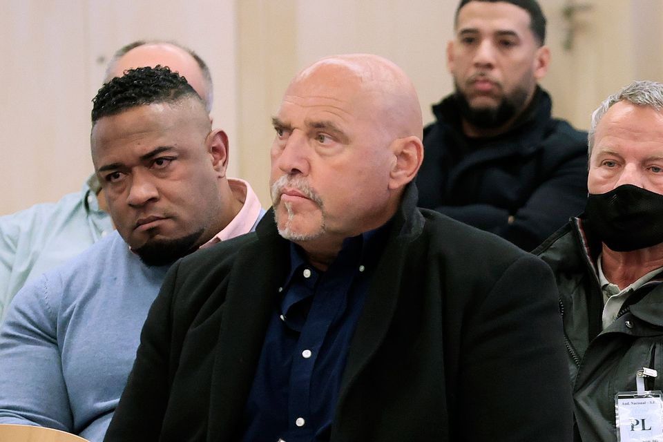 German national Frank Hanebuth, centre, sits in the dock with others at the National Court in San Fernando de Henares, just outside Madrid, Spain (Zipi Aragon, Pool photo via AP)