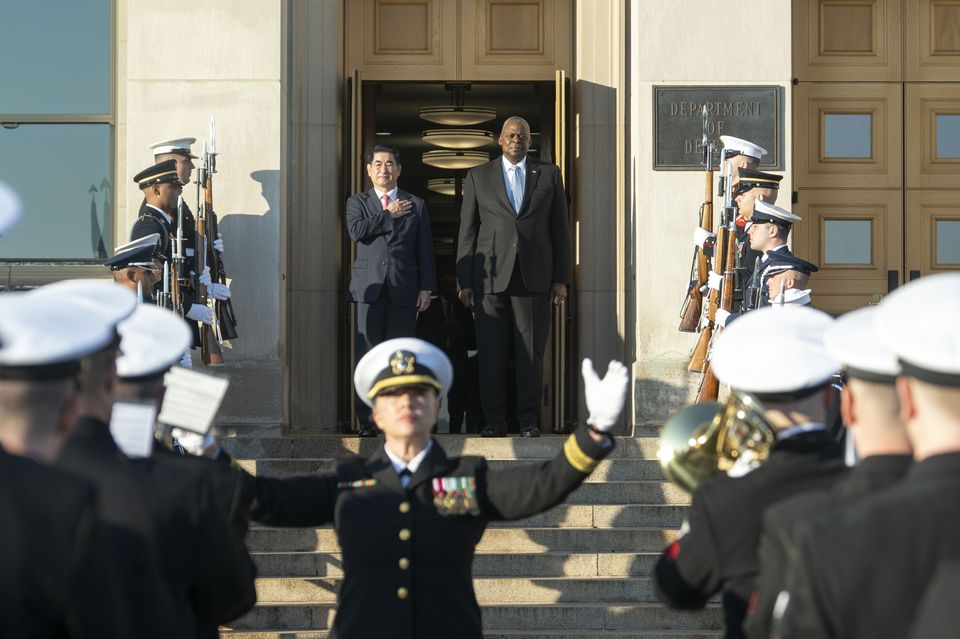 US defence secretary Lloyd Austin, centre right, with South Korean defence minister Kim Yong Hyun at the Pentagon (AP Photo/Kevin Wolf)