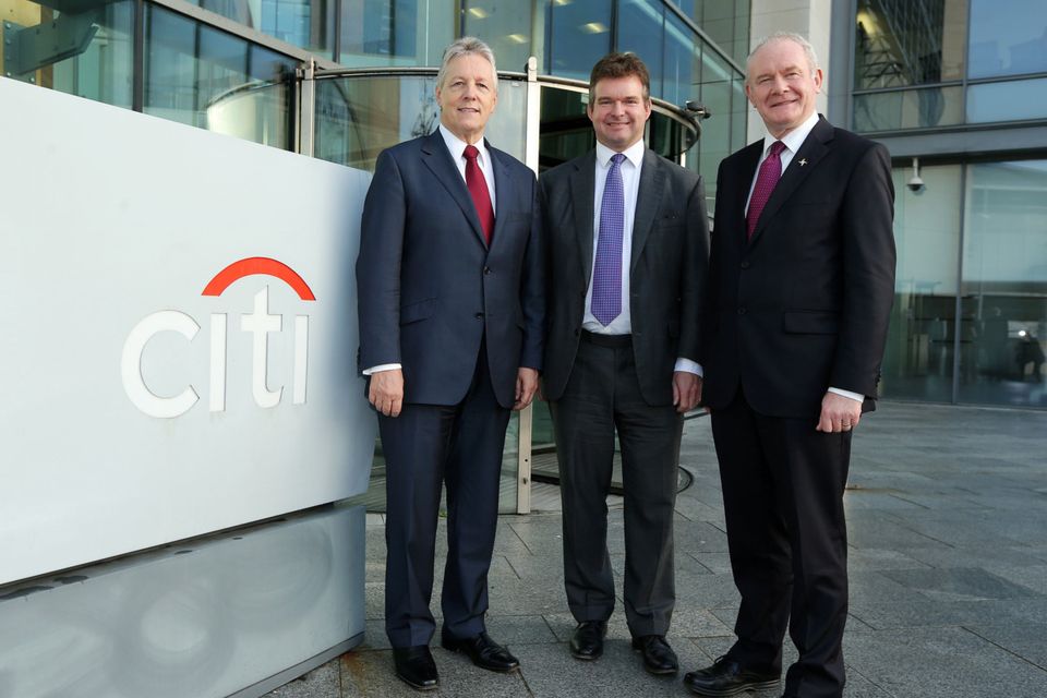 First and Deputy First Ministers Peter Robinson and Martin McGuinness yesterday at Citi’s offices in Belfast with James Bardrick, Citi country officer for the United Kingdom