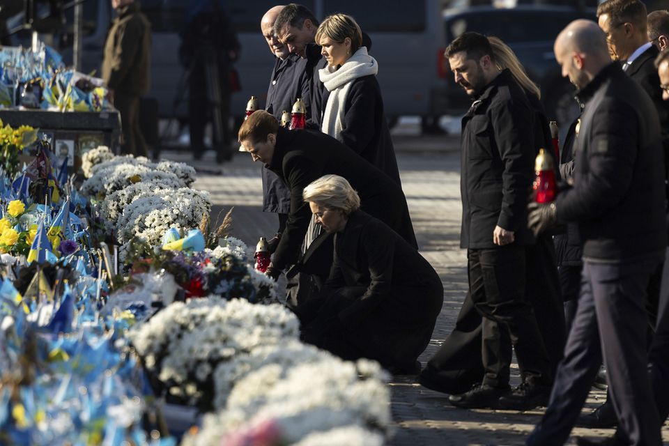 European leaders attended a ceremony at the memorial to the fallen Ukrainian soldiers in Kyiv (Ukrainian Presidential Press Office via AP)