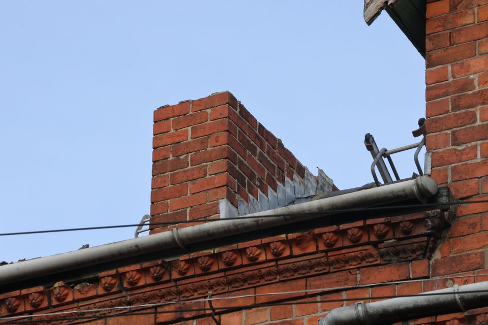 The remains of a chimney that was blown off a terrace house during strong winds in Dunluce Avenue in South Belfast, Monday,  Nov 25, 2024.  Picture by Peter Morrison