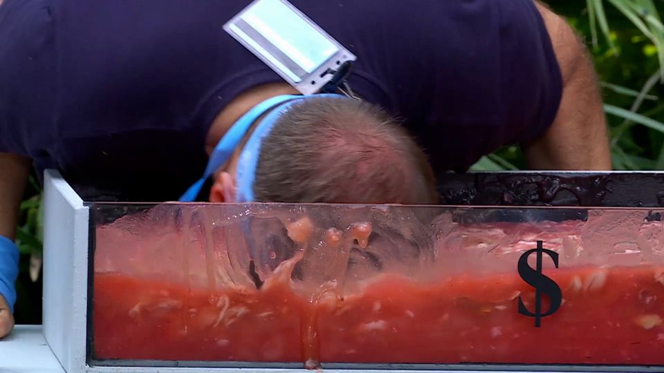 Dean McCullough diving his head into a bucket of fish guts during a Bushtucker trial