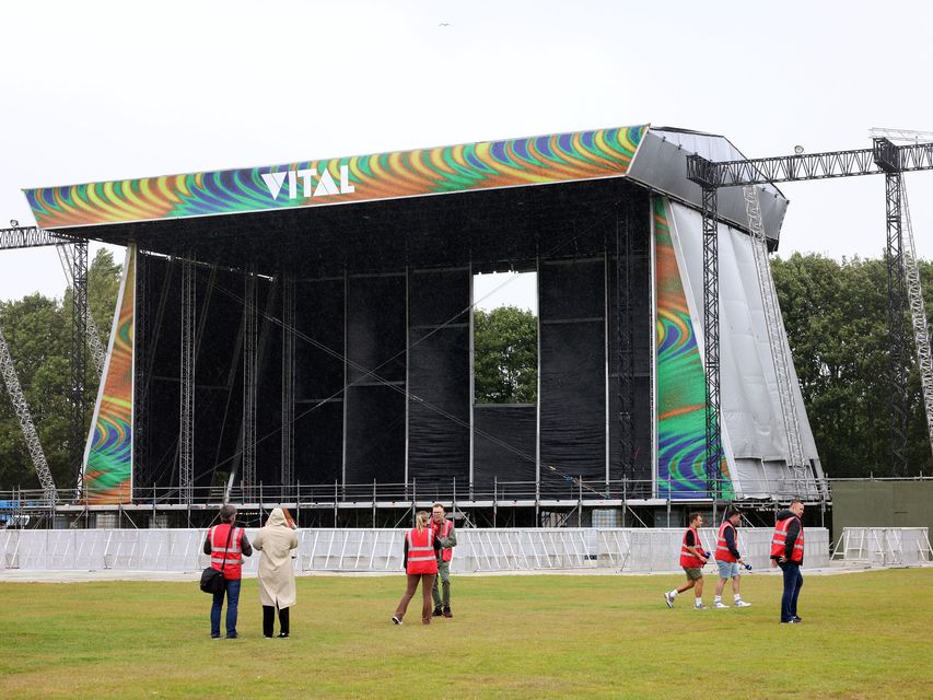 The stage is being prepared for the Vital concerts, headlined by Liam Gallagher and Noah Kahan, at the Boucher Road Playing Fields, Belfast, on Friday 16 and Saturday 17 August, 2024. (Pic: Pacemaker)