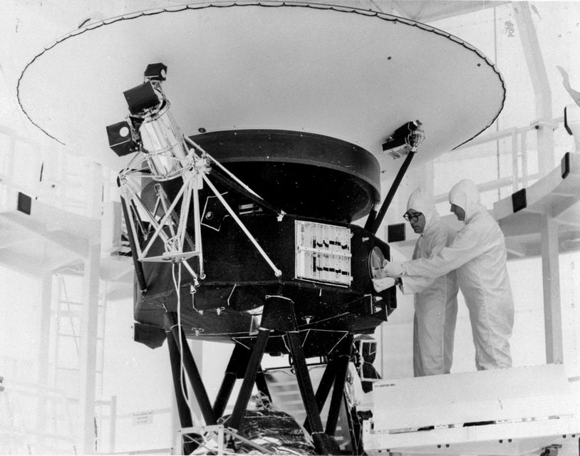 The ‘Sounds of Earth’ record being mounted on the Voyager 2 spacecraft (Nasa via AP)