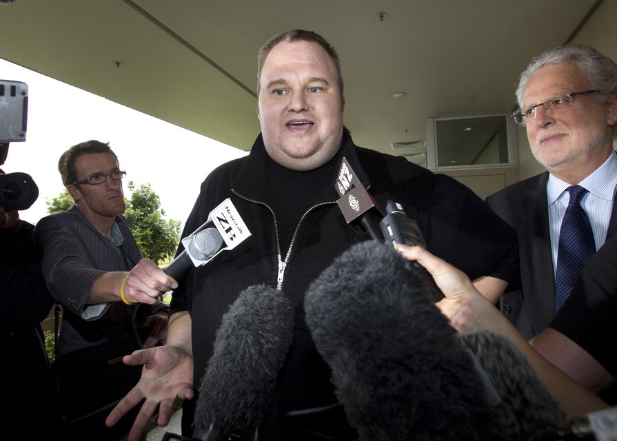 Kim Dotcom, the founder of the file-sharing website Megaupload, in February 2012 in Auckland, New Zealand (Brett Phibbs/New Zealand Herald via AP)