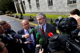 thumbnail: Sinn Fein president Gerry Adams speaks to the media as he arrives at the National University of Ireland on May 19, 2015 in Galway, Ireland. The Prince of Wales and Duchess of Cornwall arrived in Ireland today for their four day visit to the Republic and Northern Ireland, the visit has been described by the British Embassy as another important step in promoting peace and reconciliation. (Photo by Darren Staples - WPA Pool/Getty Images)