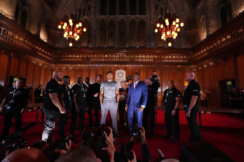 Anthony Joshua, left, and Daniel Dubois face off following a press conference at the Guildhall in London (Bradley Collyer/PA)