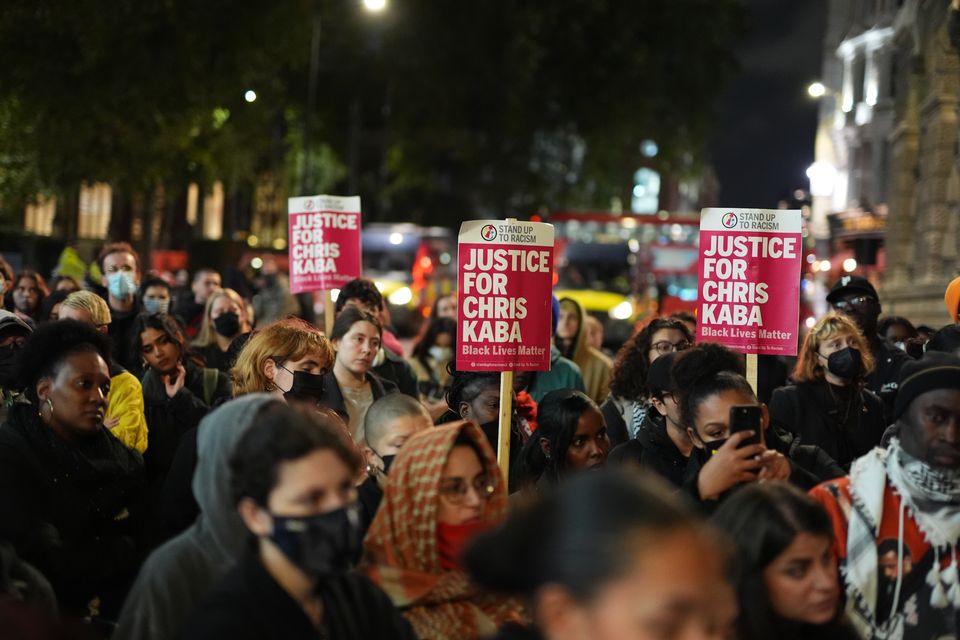 People demonstrate outside the Old Bailey in central London after Martyn Blake was acquitted of Chris Kaba’s murder (Jordan Pettitt/PA)