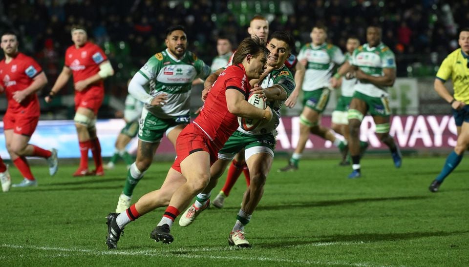 Ulster’s Aidan Morgan looks to retain possession under pressure from Tomas Albornoz of Benetton