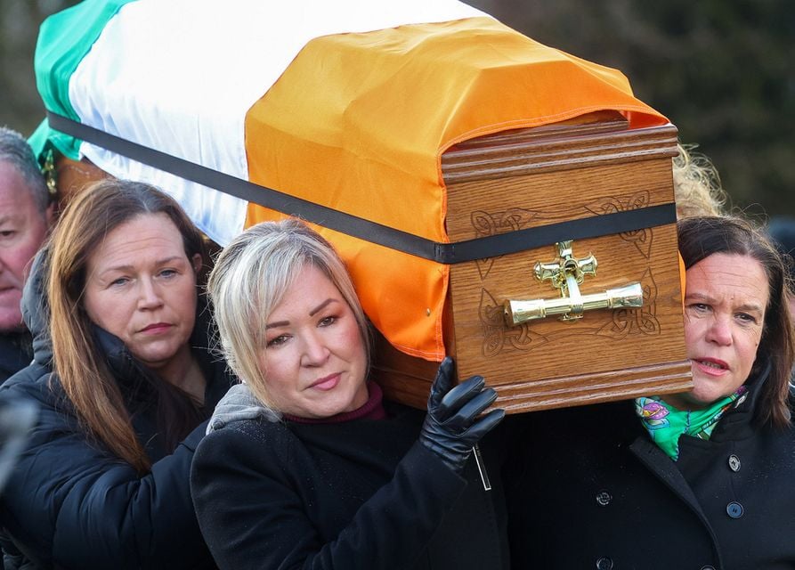 Sinn Fein's Michelle O’Neill and Mary Lou McDonald carry Ted Howell's coffin