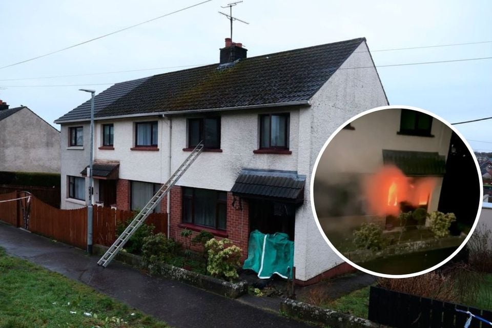 The scene in the Cunninghams Lane area of Dungannon. Inset: The property on fire on Monday night.