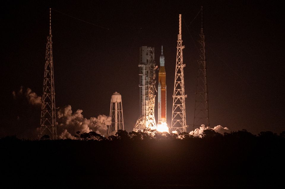 Nasa’s Space Launch System rocket carrying the Orion spacecraft at the Kennedy Space Centre in Florida (NASA/Keegan Barber/PA)