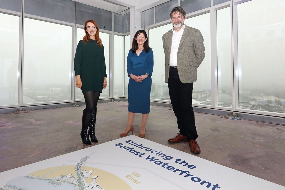 At the launch of the framework for the waterside of Belfast, councillor Clíodhna Nic Bhranair, chair of Belfast City Council’s City Growth and Regeneration Committee, Kerrie Sweeney, CEO of Maritime Belfast Trust and Oliver Schulze, co-founder and partner with Schulze+Grassov