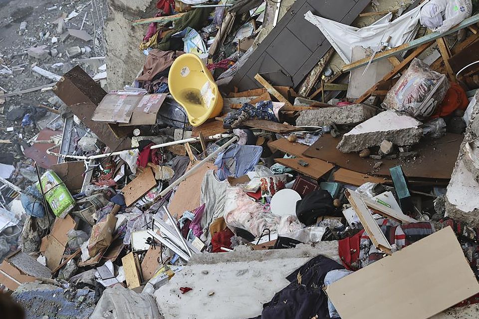 A view of debris and rubble after a Russian attack that hit a residential building in Kharkiv, Ukraine (Kharkiv City Administration/AP)