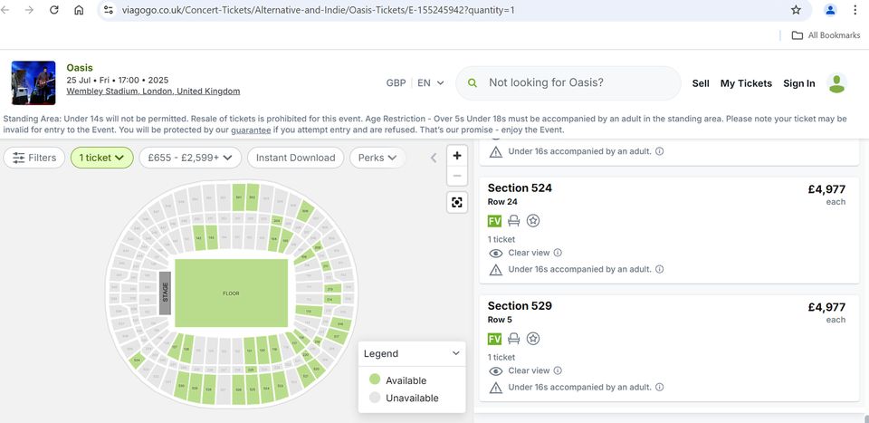 The Viagogo website showing tickets for the Oasis concert at Wembley Stadium, posted for sale on its site on August 31. (Viagogo/PA)