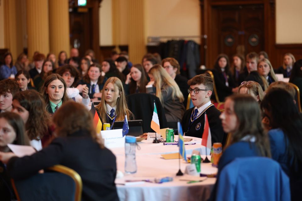 Pupils listen to guest speakers at the COP 29 Student Climate Negotiation Simulation at Belfast City Hall, Tuesday, Nov 19, 2024.  Picture by Peter Morrison