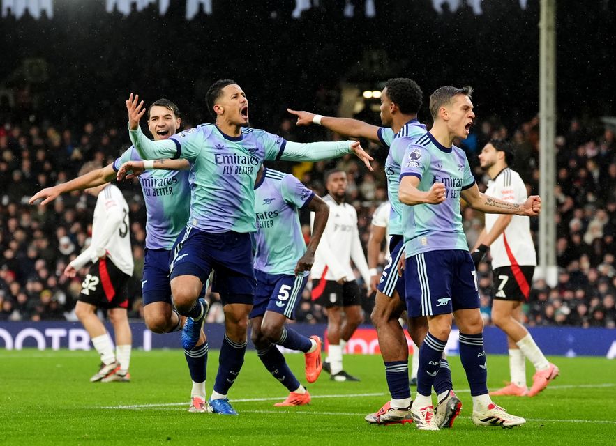 William Saliba scored Arsenal’s ninth set-piece goal this season in the Premier League (Adam Davy/PA)