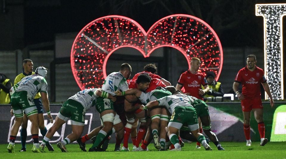 Benetton and Ulster players engage in a maul during the sides' United Rugby Championship encounter