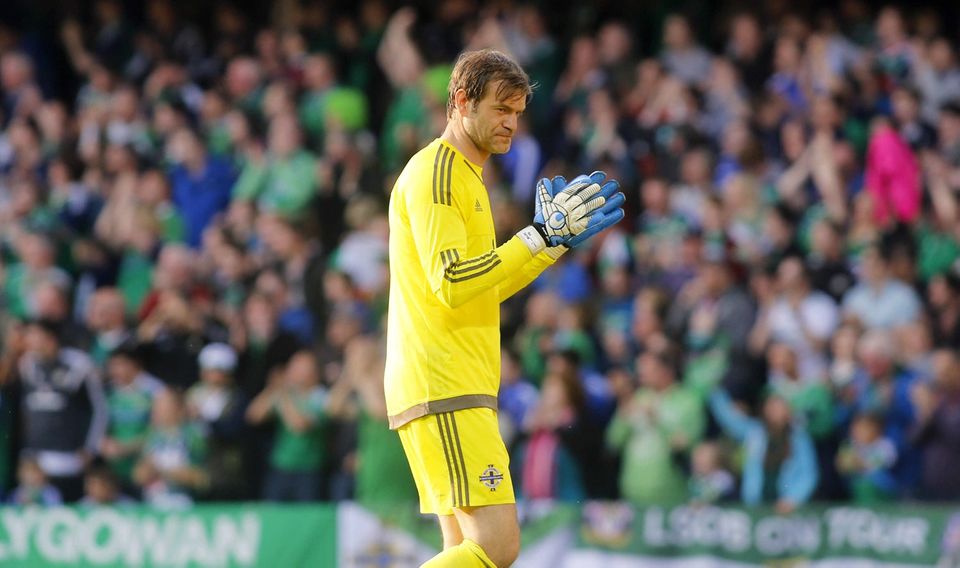 Picture - Kevin Scott / Presseye

Belfast , UK - May 27, Pictured is Northern Irelands Roy Carroll celebrating in action during the last home game before heading to the Euros on May 27 2016 in Belfast , Northern Ireland ( Photo by Kevin Scott / Presseye)