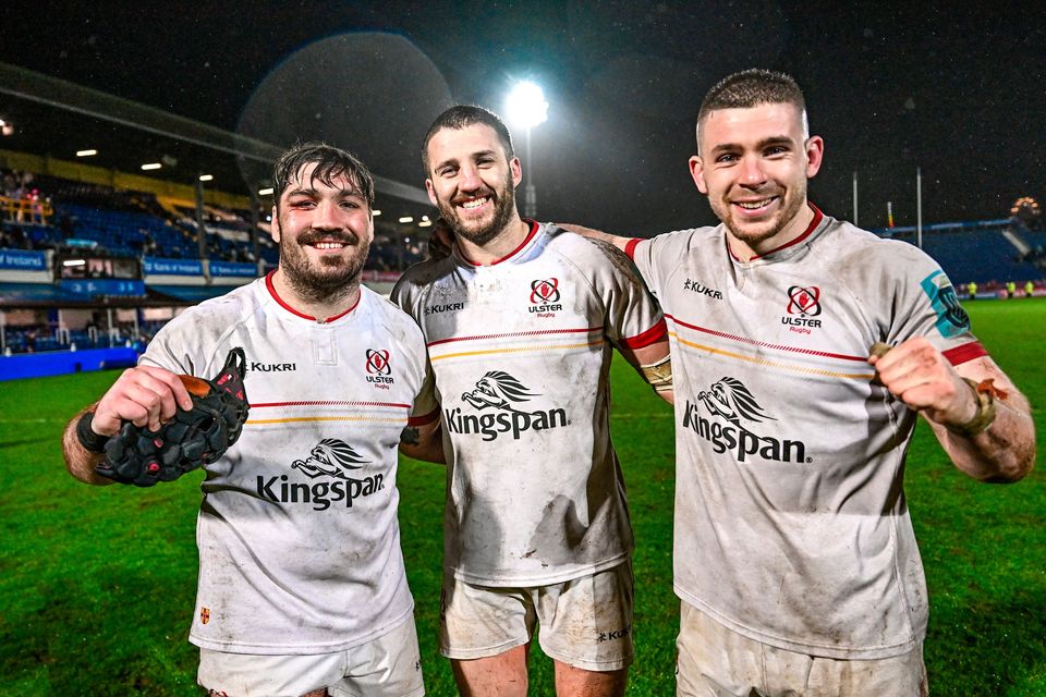 Tom O'Toole, Stuart McCloskey and Nick Timoney celebrate Ulster's victory over Leinster