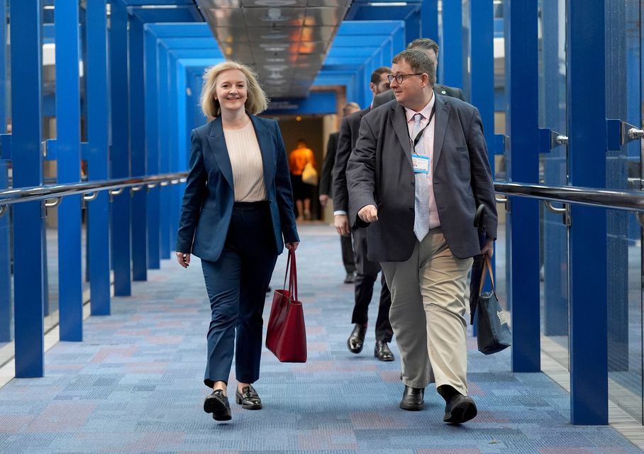 Liz Truss arrives for the Conservative Party conference at the International Convention Centre in Birmingham (Jacob King/PA)