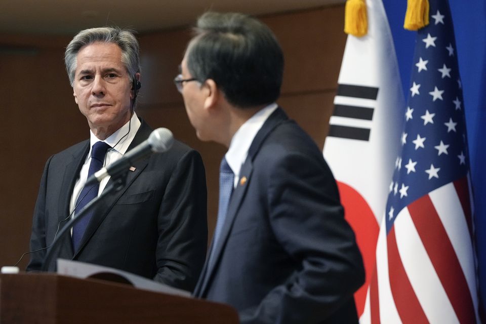 US Secretary of State Antony Blinken left, and South Korean Foreign Minister Cho Tae-yul (Lee Jin-man/AP)