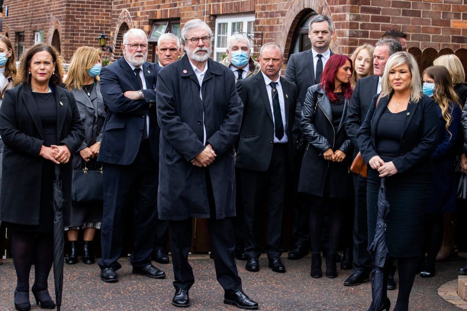 Sinn Fein’s Mary Lou McDonald, Gerry Adams, and Deputy First Minister Michelle O’Neill attending Bobby Storey’s funeral in west Belfast on June 30