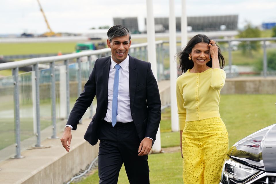 Prime Minister Rishi Sunak was joined by his wife Akshata Murty for the manifesto launch at Silverstone (James Manning/PA)