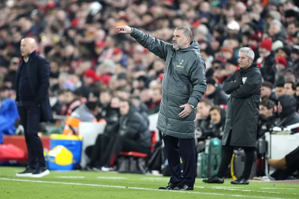 Ange Postecoglou on the touchline at Anfield during Tottenham’s Carabao Cup defeat to Liverpool in February