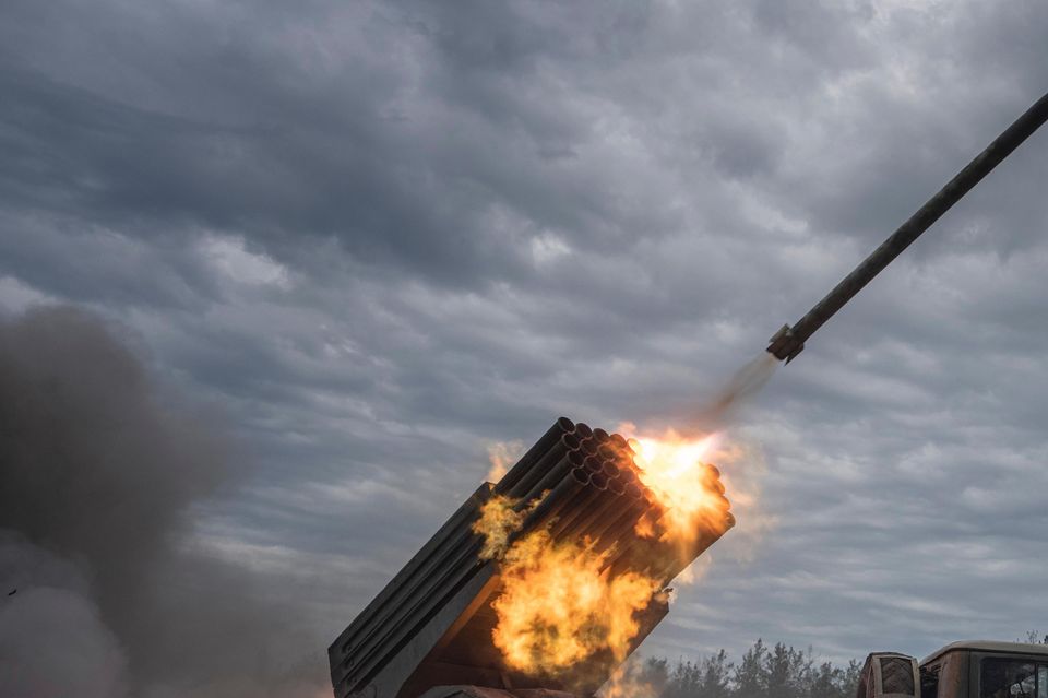 Ukrainian forces shoot toward Russian positions at the front line in Kharkiv region, Ukraine (Evgeniy Maloletka/AP)