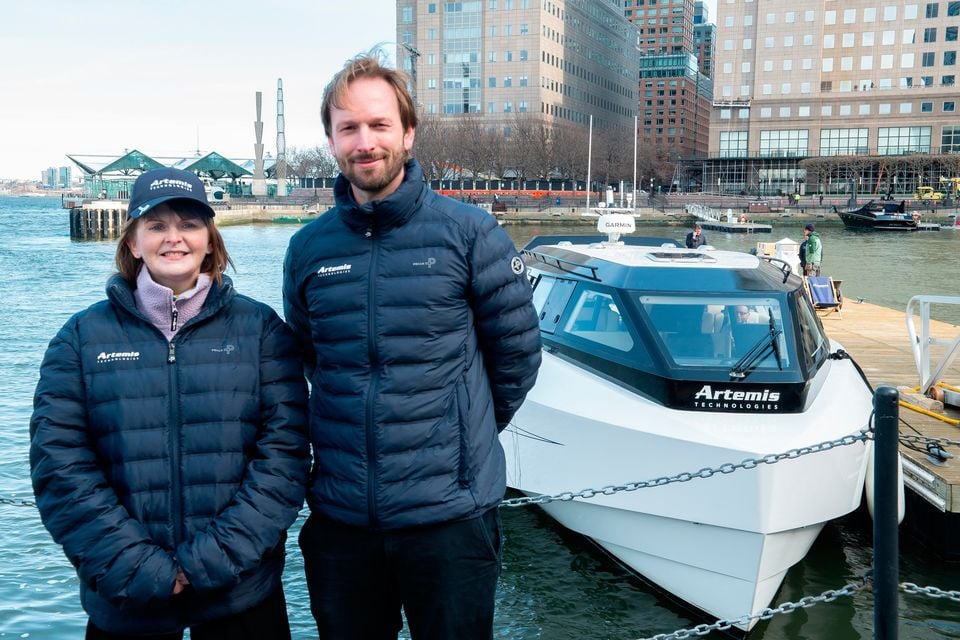 Economy Minister Dr Caoimhe Archibald with Artemis Technologies co-founder David Tyler at the company’s New York base at Brooklyn Navy Yard