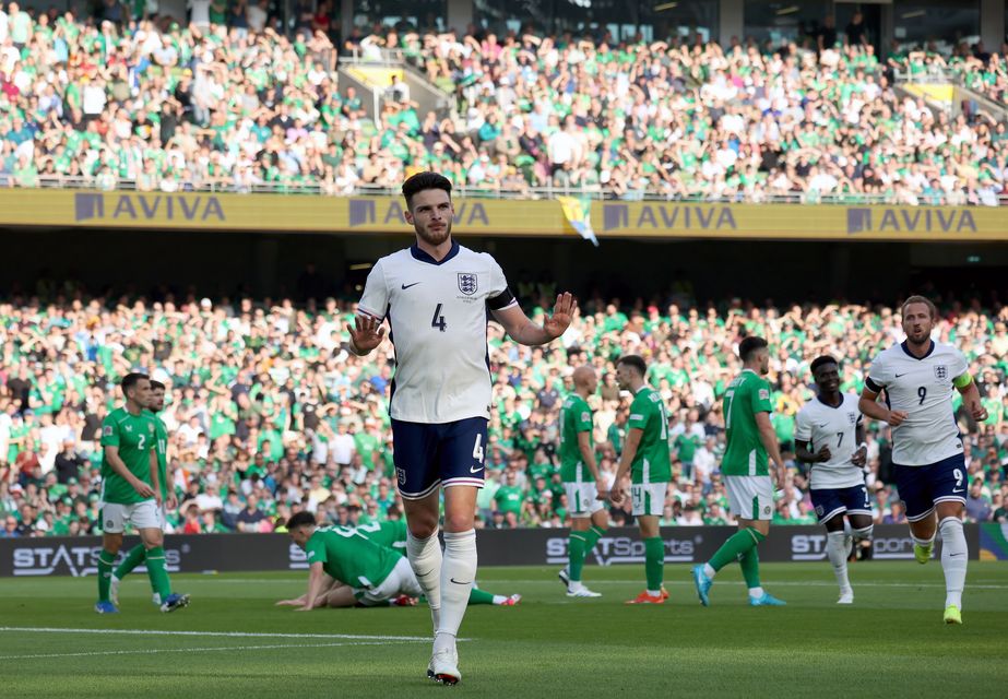 Declan Rice declined to celebrate after scoring England’s opener (Evan Treacy/PA)