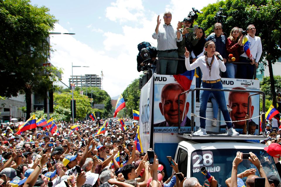 Opposition leader Maria Corina Machado addresses the crowd (Cristian Hernandez/AP)