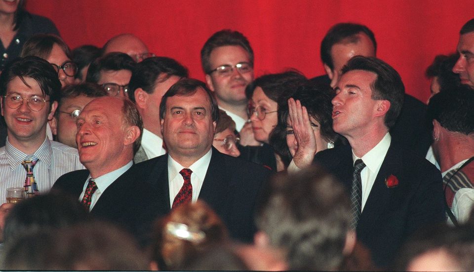 Peter Mandelson, right, with John Prescott, centre, and Neil Kinnock at London’s Festival Hall after Labour’s election victory in 1997 (Rebecca Naden/PA)