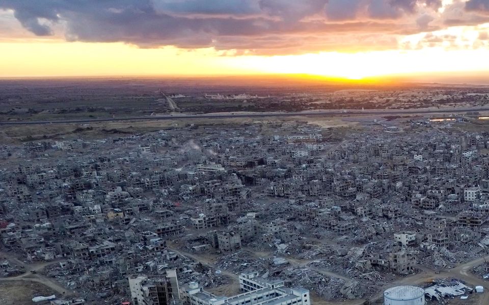 An aerial photograph taken by a drone shows the destruction caused by the Israeli air and ground offensive in Rafah, Gaza Strip (Jehad Alshrafi/AP)